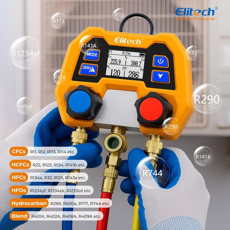 Elitech Digital Manifold Gauge Set for HVAC, Refrigeration & AC Systems, Supports R410A/R454B/R134 etc. Refrigerants, LCD Display, DMG-2SE with 3 Color Hoses & 2 R410A Adapters - Image 4